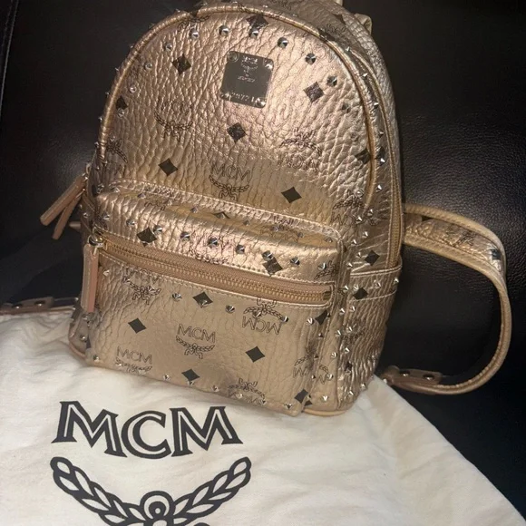 MCM Metallic Gold Backpack MCM Unisex Small Gold Black Leather Bionic Metallic Backpack  main image 3
